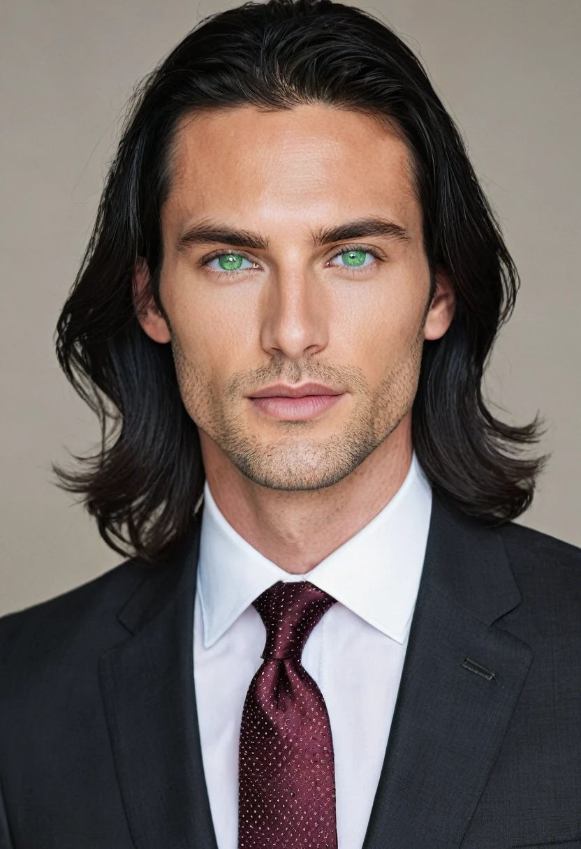 30 years old man. slightly long black hair, a subtle lock of hair falling on the forehead, bluish green eyes with golden dots, thin face, thin, slightly red lips, expressão sensuous e taciturna, wearing an entirely black suit, burgundy tie, he is the Ceo, virility, European man, BUSINESSMAN, sexy man, sensuous, Very beauthful, face without mustache or beard, it needs to be perfect and wonderful, white male.