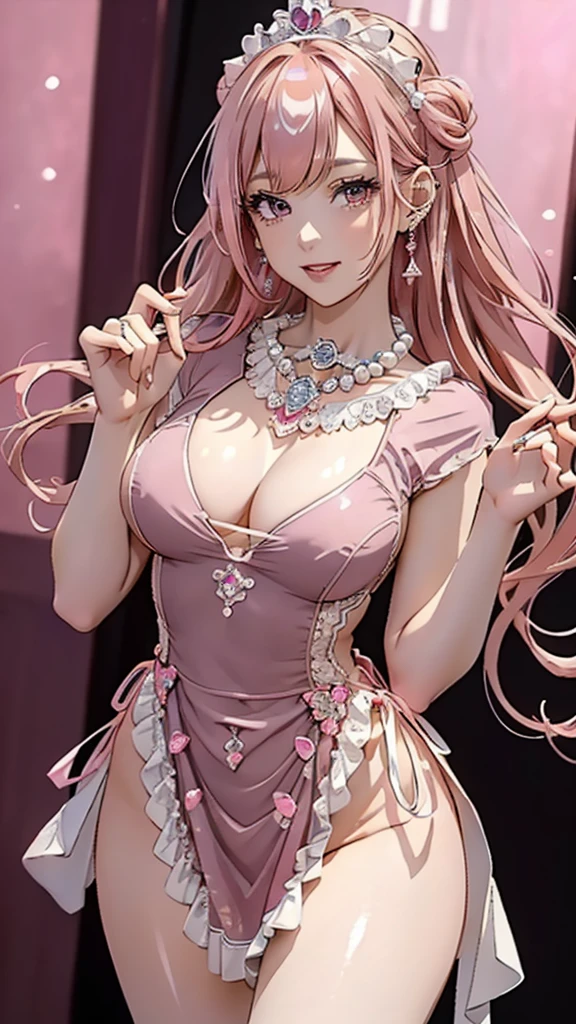 (((masterpiece, super high resolution, ultra HD, 8K quality))), (((((woman in shining pink colored evening dress))))), (((See-through revealing dress))), (((((shining pink colored Hair))))) , (((((Updo hair))))), (((beautiful sparkling red eyes, pupils with highlights))), ((long bangs)), pink lips, sexy expression, ((highly detailed)), (perfectly detailed face), (detailed and carefully drawn hands), (((very Big Tits, cute smile))), photorealistic image, silver tiara and earrings, pearl necklace, jade bangle, diamond ring, Beautiful figure from the knees up, standing, beautiful pose