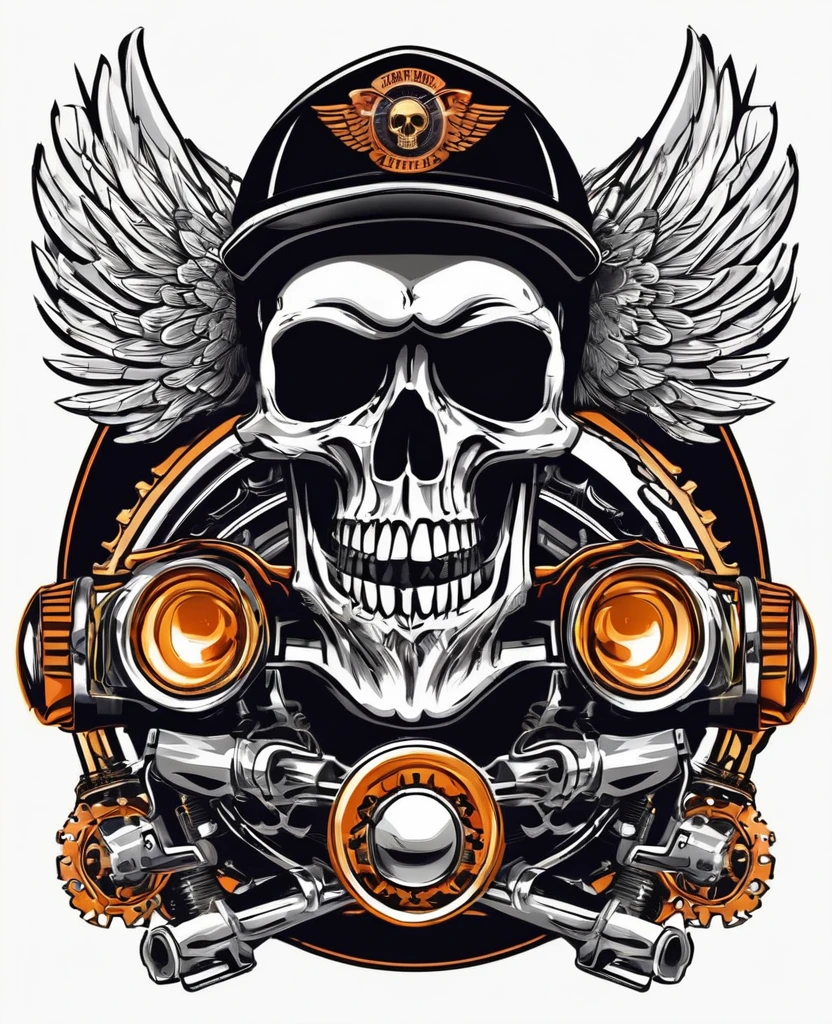 T-shirt designs, Fully editable vector illustration of vintage biker skull with wings and pistons emblem on white background, image suitable for emblem, insignia, crest, graphic t-shirt, tattoo or t-shirt design