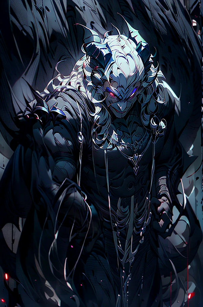 a gray-skinned demon, 3 meters tall, dressed in semi-formal clothing, gloves, broken angel wings, white eyes and a charming smile, long semi-wavy black hair which is tied up in a bun