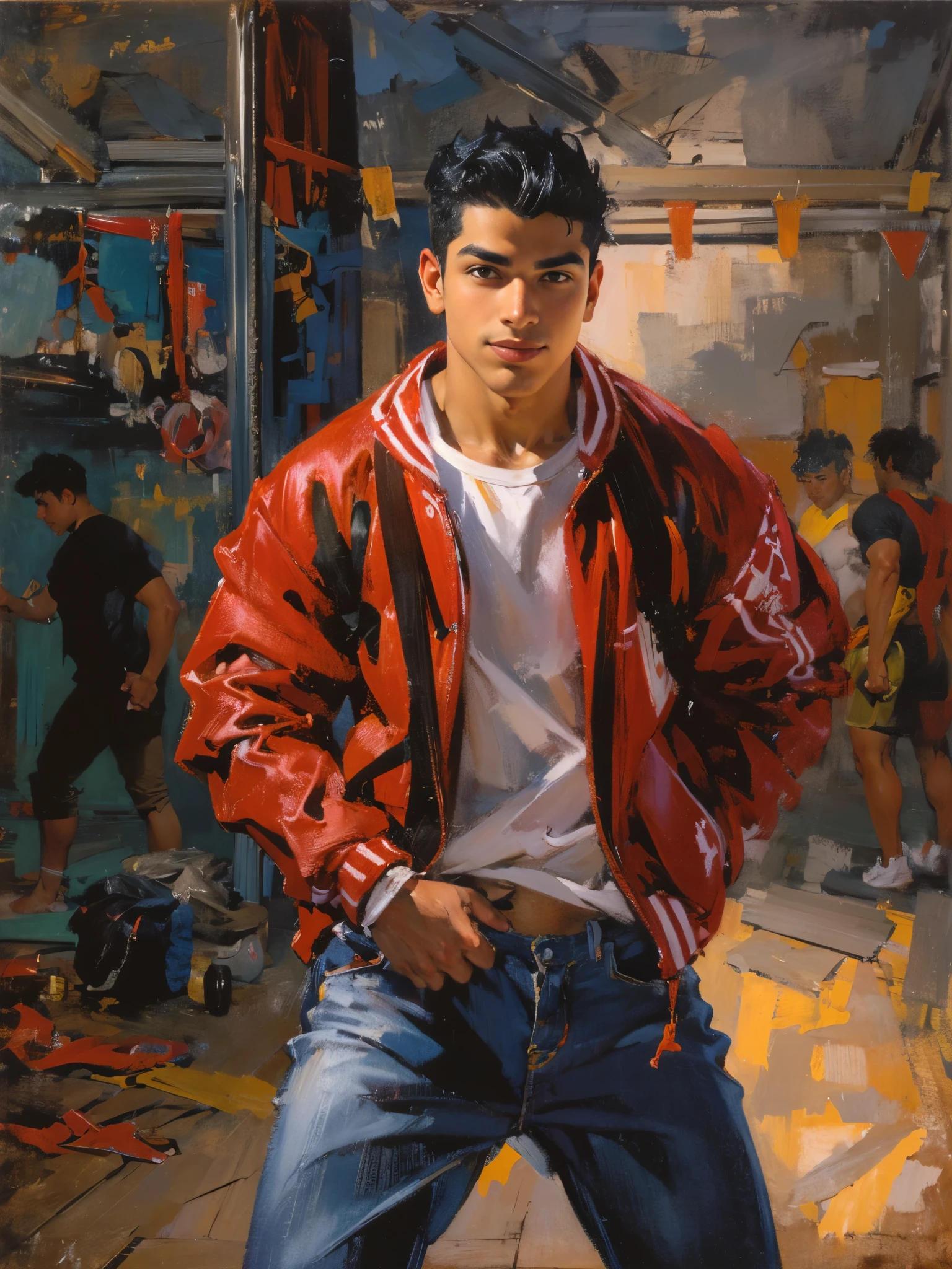 (dramatic illumination, dynamic angle, intense color contrast), (portrait of a young hispanic man with black hair and brown eyes, muscular, wearing red varsity jacket, white t-shirt, blue jeans), (cocky grin), (in gym), (jock), (fechin oil painting),