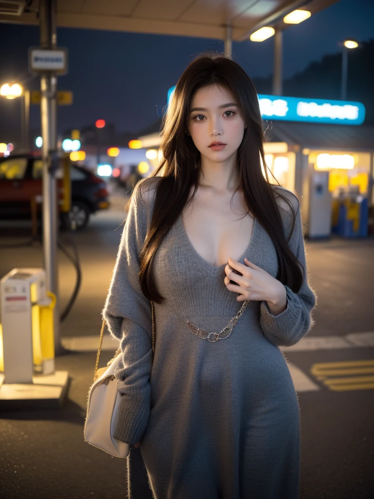 full body shot, Best quality, 20y, (chubby:1.2), 1girl, kazakh, wearing bohemian woolen dress, big breast, (sexy:1.2) (redhead:1.2), hair blowing in the wind, moody, dep shadow, posing in gas station, detailed face and eyes, (perfect object:1.2), kodacrhome, (cinematic dark lighting:1.3), (ultra highres;1.3), highly detailed:1.3), masterpiece, sharp focus, beautiful film bokeh, surreal view, candid style, shot by zenit camera with 35mm lens, Portrait by annie leibovitz