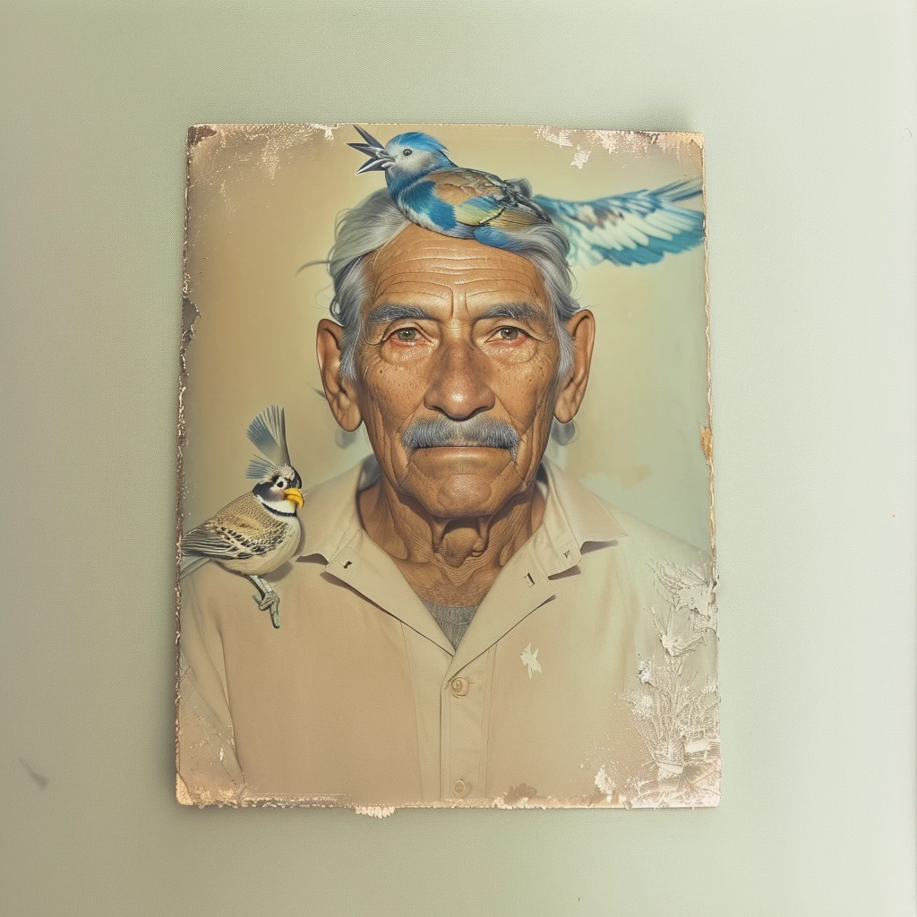 a close up of a picture of a man with a bird on his head, old damagaed polaroid photo, found polaroid photo, he is about 8 0 years old, photo of a man, he is about 7 0 years old, portrait photo of an old man, jose miguel roman frances, a photo of a man, real polaroid photo