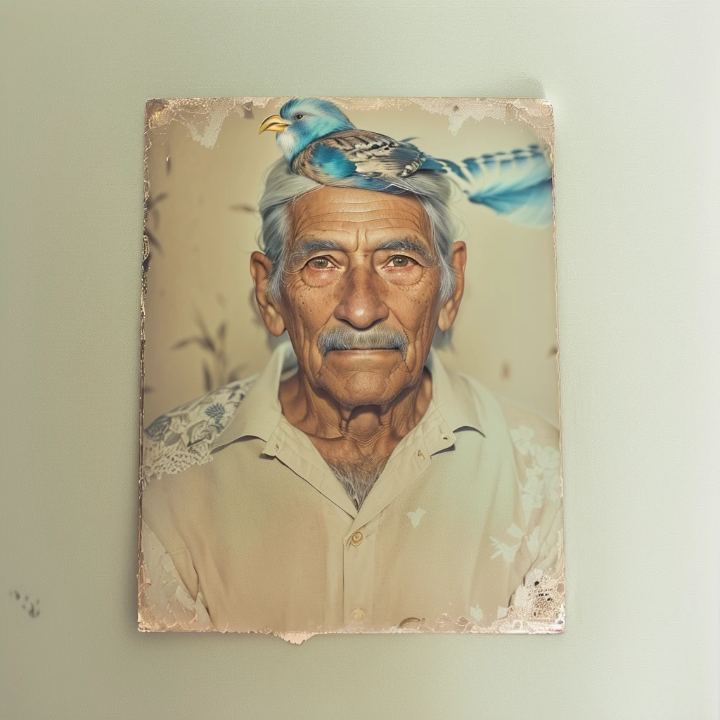 a close up of a picture of a man with a bird on his head, old damagaed polaroid photo, found polaroid photo, he is about 8 0 years old, photo of a man, he is about 7 0 years old, portrait photo of an old man, jose miguel roman frances, a photo of a man, real polaroid photo