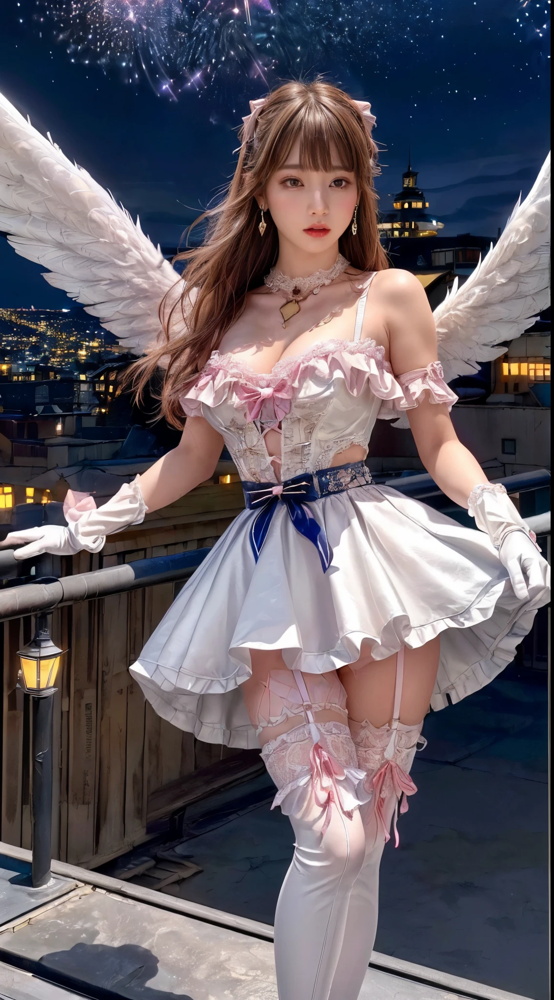(((Cowboy Shot)))、(Looking at the audience)、((Magic Effects:1.1))、(((Magical girl)))、(((alone)))、Big Breasts、The wind is blowing、Outdoor、(((Stand on the roof of a building)))、(((city)))、Long Hair、Pink Hair、((Magical girlのコスチューム))、((magic circle:1.2))、(((ta Costume)))、(((Frills)))、(((ribbon)))、(((Lace Material)))、(((Special effects:1.5)))、Highest quality,(RAW Photos:1.2)、(Realistic:1.4),(High resolution:1.4), 1 girl, Depth of written border,, Exquisitely crafted,8k, Very detailed, Perfect lighting, Spectacular Background、((Delicate painting)),(女の子のRAW Photos),(Highest quality:1.6), (超High resolution:1.5), (Realistic:1.75), 8k解像度,Very detailedな,Cinema Lighting,(((Skirt Lift)))、((Cute Underwear))、((Earrings))、((Long gloves))、Thigh-high socks、(boots)、(necklace)、((Costume with Very detailed design))、(Angel)、Browsing Caution:1.1、((Pure white clothes))、Glitter aura、Six Wings