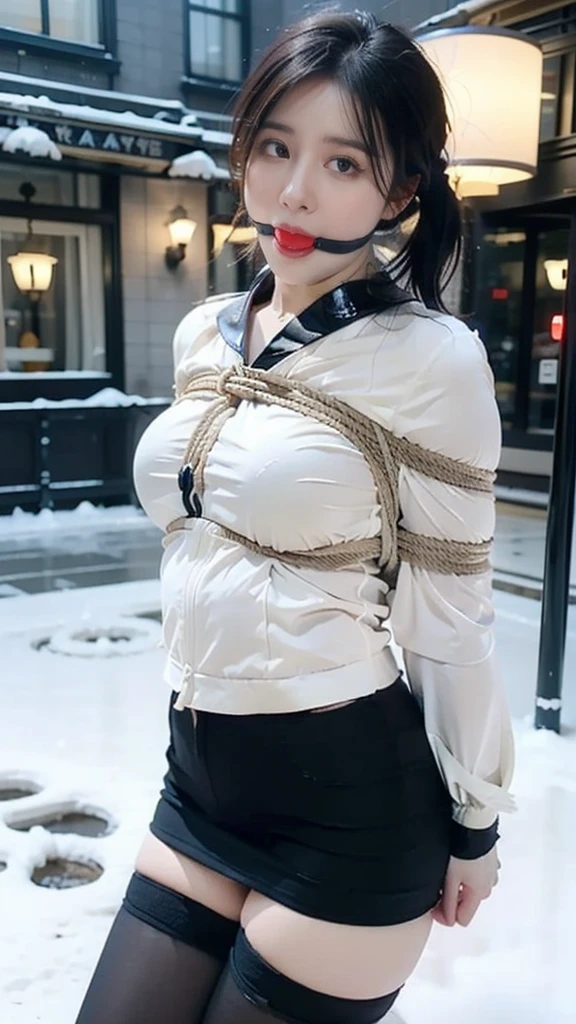 ((((Perfect anatomical structure, Super delicate skin)))), 1 girl, Japanese, High school girl, Glowing skin, Large Breasts:0.5, Look away, look up, Watching the view, From below, 
Beautiful hair, Pretty Face, Beautiful and delicate eyes, (Long hair:1.4, Side Ponytail:1.7), blue eyes, 
Beautiful clavicle, Beautiful Body, Beautiful breasts, 美丽的大leg, 漂亮的leg, baby face, , , Moles under the eyes, 
((((Long sleeve)), Navy sailor suit, Navy blue pleated skirt, Navy sailor collar, red scarf, Coat, 高抬leg, Ankle boots), bag), 诱人的大leg, 高抬leg, ((Collar)), 
(((Endless rope bondage, (Brown rope), Chai Li, (Chai Li over clothes), Lift and fasten your skirt))), 
((Put your hands behind your back:1.6), Breast bondage:1.5, arms:1.5, leg:1.5, Crotch:1.2), Damp Crotch:1.5, Leaking urine:.1.5, Urine pool under the buttocks)), 
((Aheiyan, ashamed, Slobber, Open your mouth)), attend a banquet, Variza, 张开双leg, Bend forward, 
(Beautiful scenery), winter, midnight, Hokkaido, Sapporo, The smell of the park, lamp post, Christmas, Christmas tree, illumination, TV Tower, snow, snowfall:1.5, Cold weather, Frost, 
(8K, Top quality, masterpiece:1.2, Extremely detailed), (Reality), Nice illustration, light, ballgag ,Bondage (shibari,hands tied behind back:1.5), (shibari:1.21),Tied up(((Drooling)))(((The shirt is wet))(((Wet body)))(((On the street, many people look)))((((black sock)))