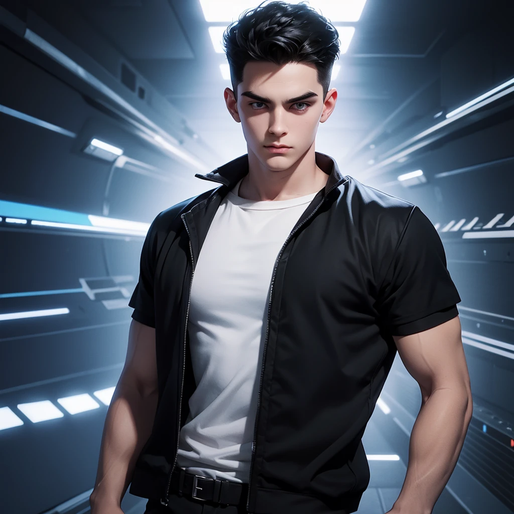 A white boy with black hair who seems to know a lot about technology. 3d cartoon style with big head and big eyes
