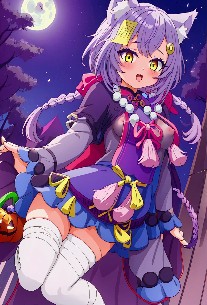Halloween, Halloween theme, night, disheveled hair, short hair, disheveled hair, purple hair, yellow eyes, flat cheast, flat tits , wolf hands, wolf ears, wolf tail, pointy teeth, no clothes, hair, dog leaves, hair hands, hair arms, arms with hair, hair body, naked, show pussy, hair paws, wolf paws, hair feet, wolf feet, fangs, hairy body, hair legs, wolf legs, moon, werewolf costume, hair on legs, pointed teeth, tongue out, split, trick or treating, small stature, pubic hair, dog legs, without clothes, wolf haunches, wolf legs, pubic hair, hair body, naked, pubic hair, short hair, fur hoddie, chibi, one girl, 1 girl, cute girl, small waist, curvy waist, light skin, round butt, pink nipples, medium thighs, 1 girl, one girl