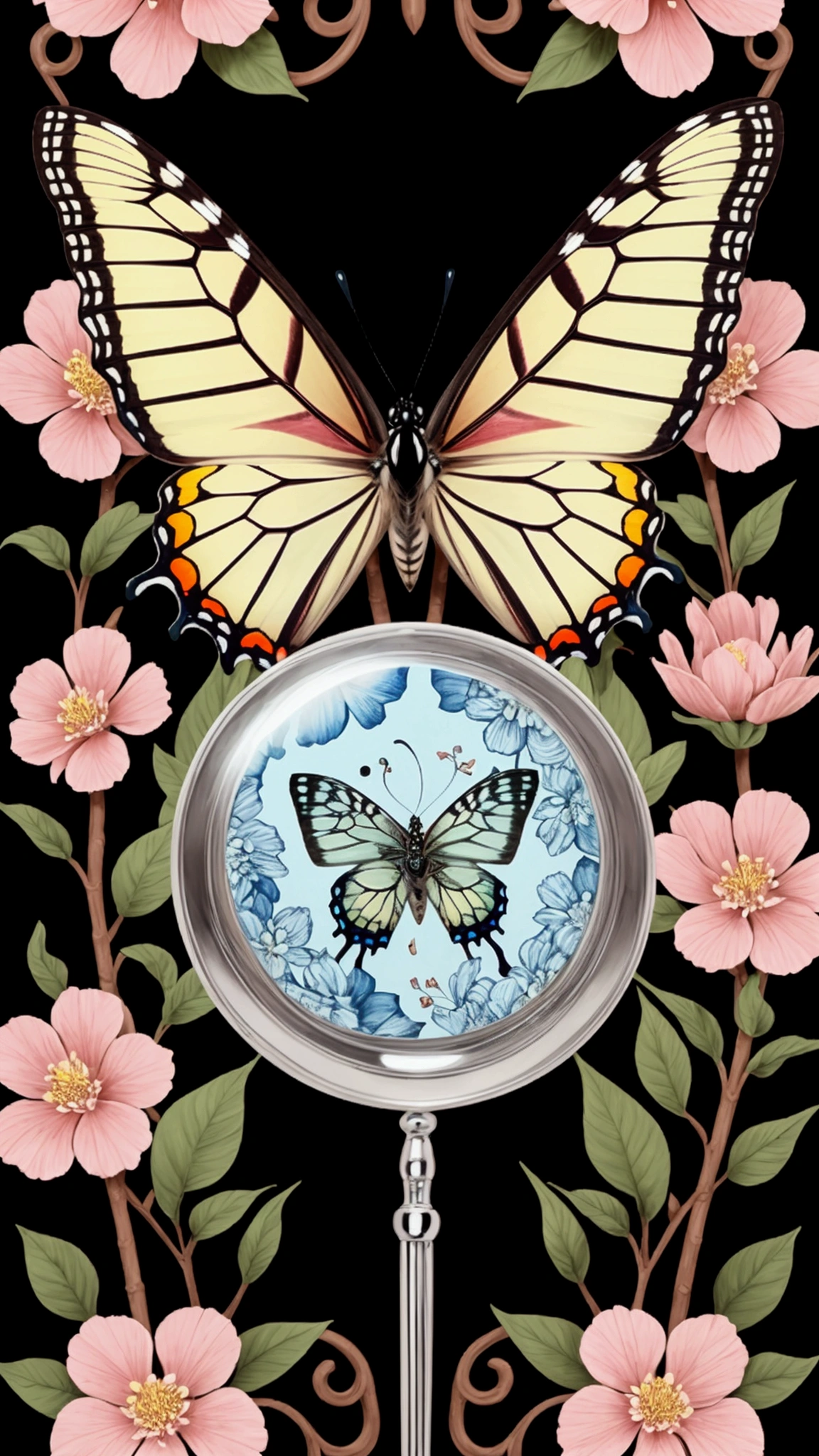 A magnifying glass highlighting the detailed patterns of a butterfly’s wings as it rests on a colorful blossom.