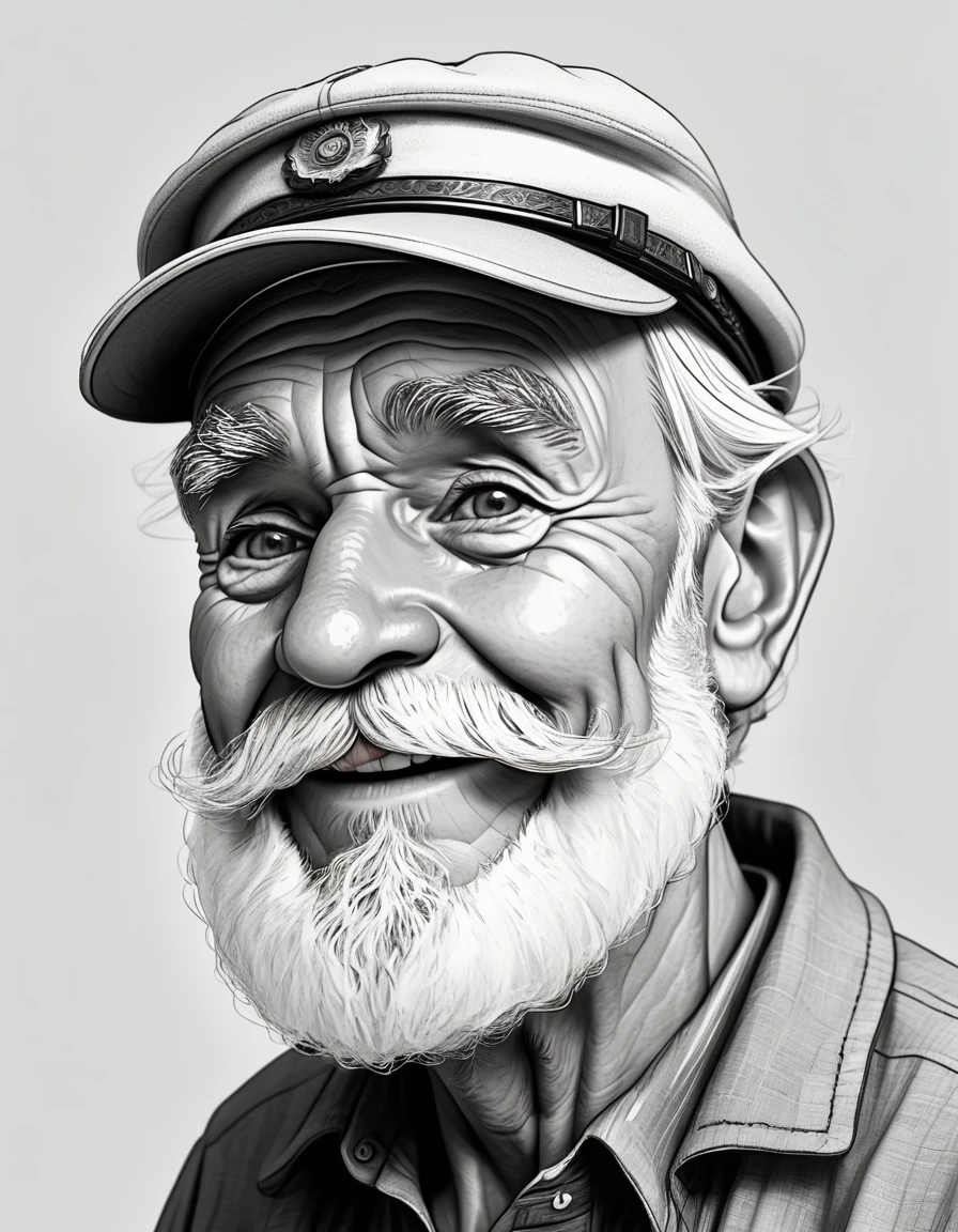 cartoon of happy grandpa with a beard, in a cap, aged 62, monochromatic minimalist portraits, simplistic cartoon, satirical humor, Random Expression, strong facial expression, simple details, rounded minimalist --ar 1:1