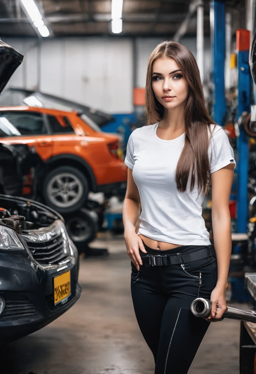 Russian girl with brown hair and big brown eyes, long straight hair, wearing tight leggings in a black, and white very short T-shirt, standing in the car repair shop and holding a wrench
