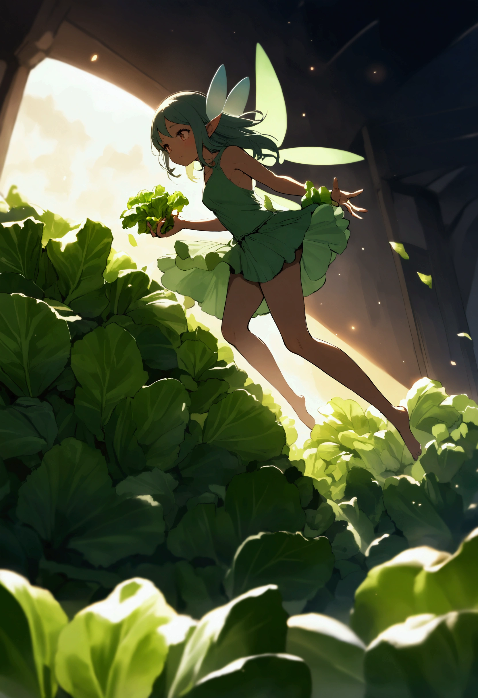 a fairy flying over a pile of Lettuce , holding one Lettuce on her hand