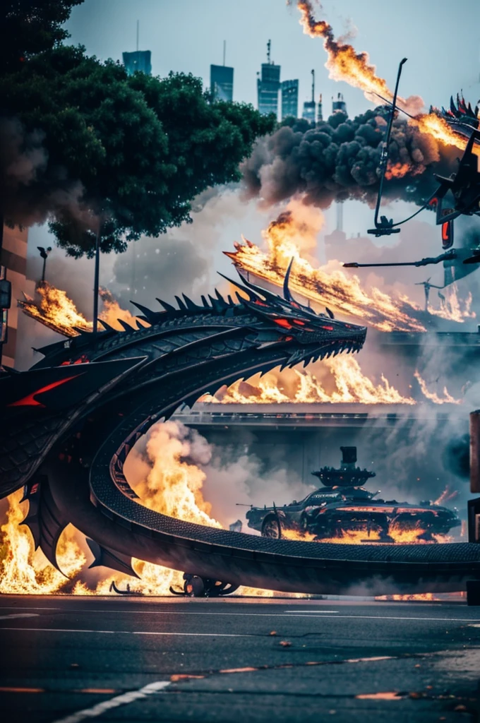 IMAGE OF AN EVIL FUTURISTIC CITY, with dragons, LARVA, a lot of haze, DRAGONS FIGHTING AND SPITTING FIRE