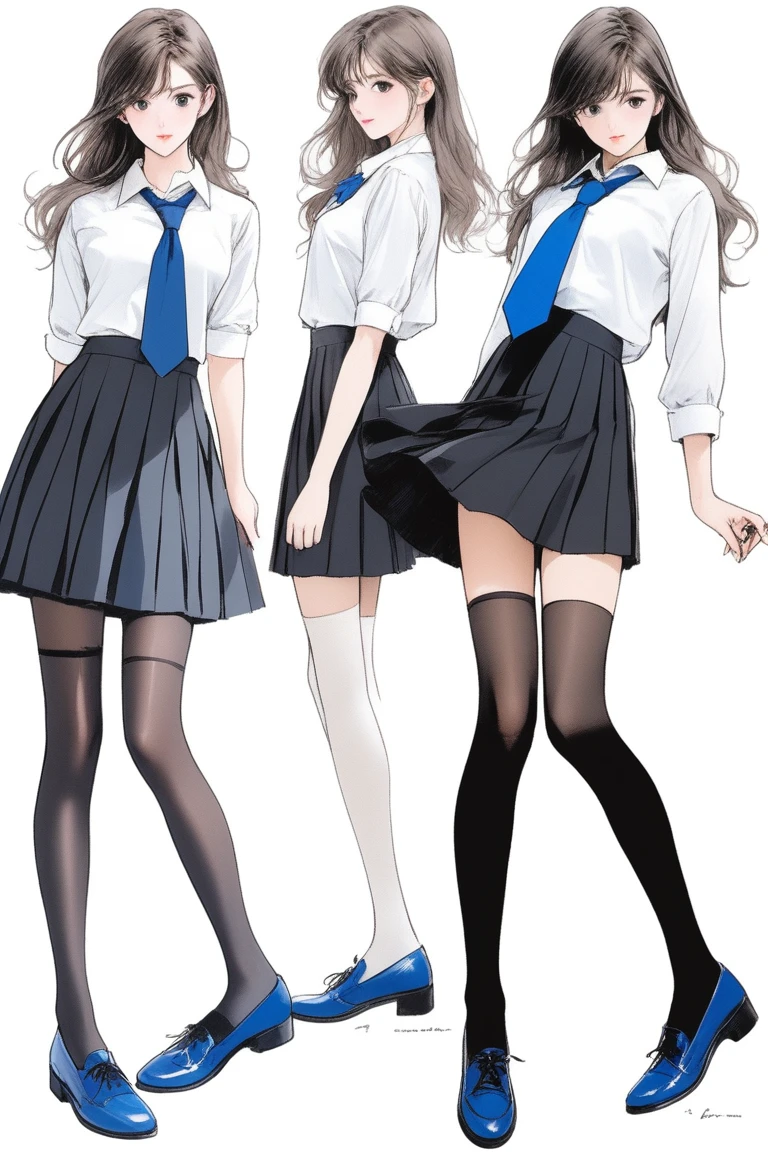 (Best quality, sketch:1.2),realistic,illustrator,anime,1 girl, details, [full length female mannequin], (photographic portrait), White shirt with blue tie, black skirt, sun skirt, fluffy skirt, knee length skirt, (black, nylon stockings), Low-heeled shoes, school shoes,  