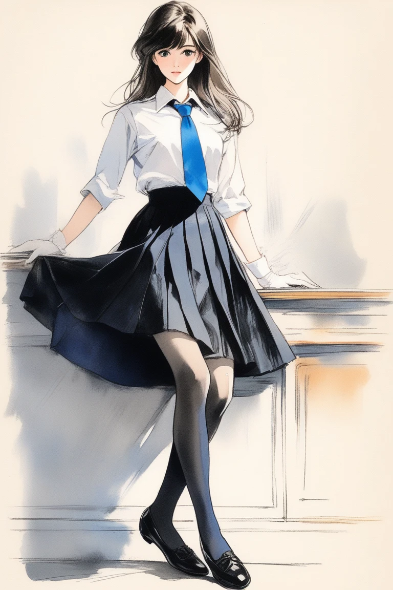 (Best quality, sketch:1.2),realistic,illustrator,anime,1 girl, details, [full length female mannequin], (photographic portrait), White shirt with blue tie, black skirt, sun skirt, fluffy skirt, knee length skirt, (black, nylon stockings), Low-heeled shoes, school shoes,  