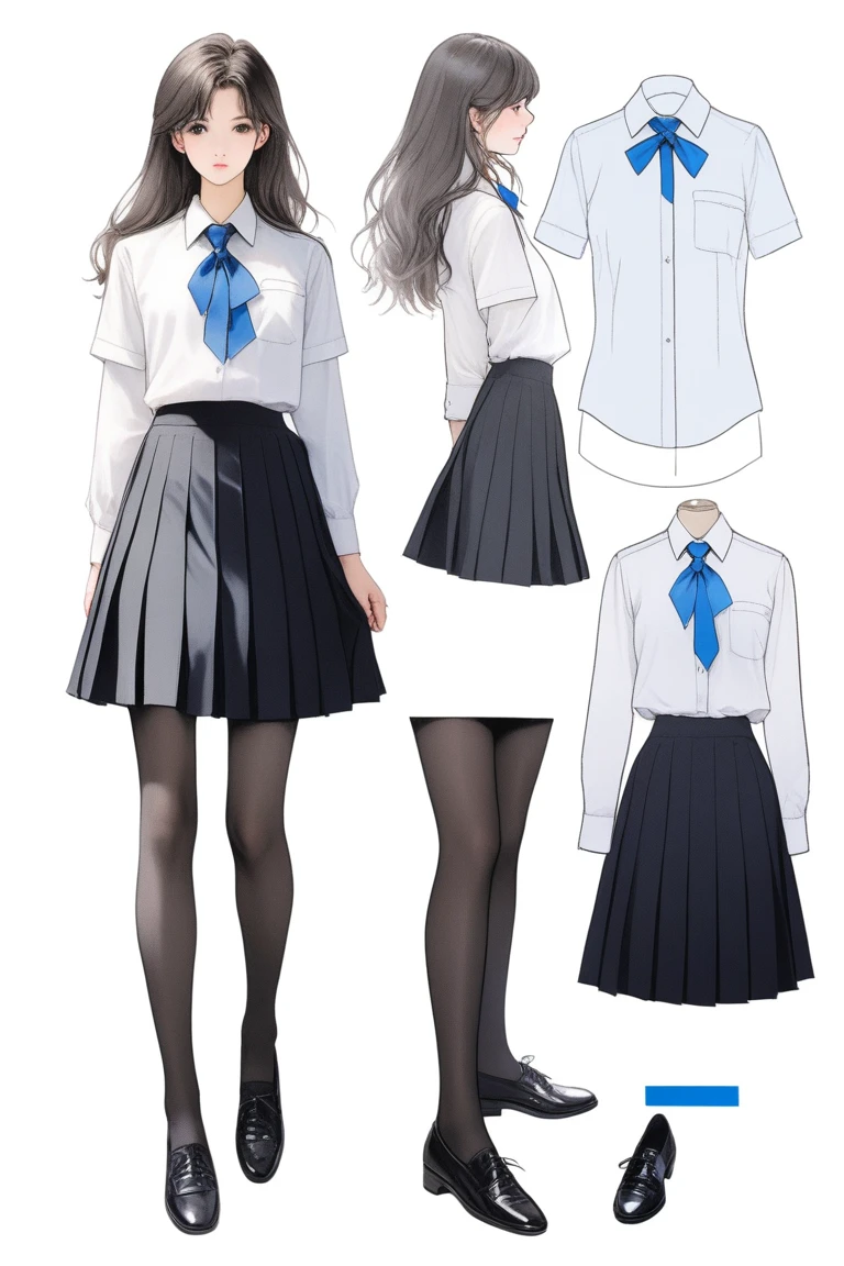 (Best quality, sketch:1.2),realistic,illustrator,anime,1 girl, details, [full length female mannequin], (photographic portrait), White shirt with blue tie, black skirt, sun skirt, fluffy skirt, knee length skirt, (black, nylon stockings), Low-heeled shoes, school shoes,  