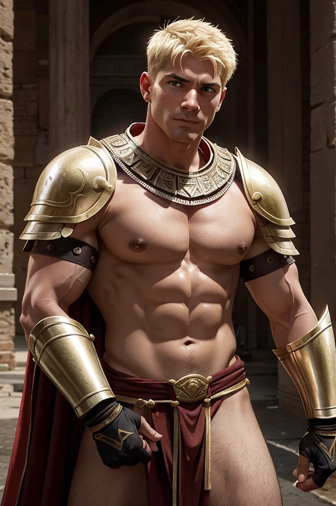 Ancient Rome. Muscular, with a carefully shaved face, without beard or mustache, handsome, in battle armor, blond centurion of the Roman army, 45 years old. He fucks in the ass a red-haired slave boy, , poorly dressed, who is in love with him. . There is joy and pleasure on the centurion's face