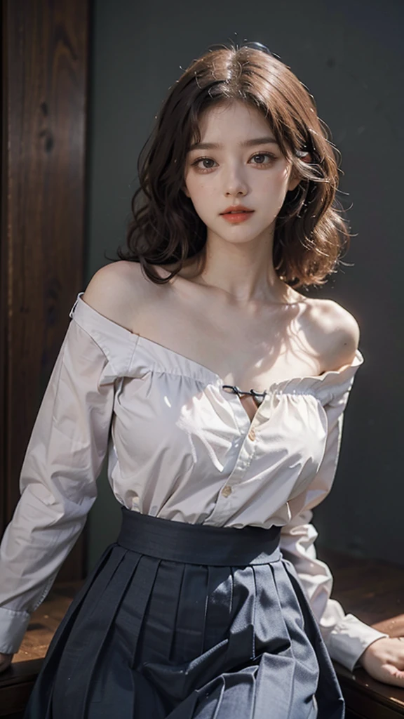 detailed background, masterpiece, best quality, 1 person , curly hair, long hair, purple eyes, star in eye , blue Strapless blouse, long skirt