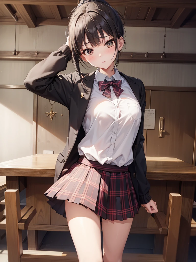 nsfw,((Biologically correct limb count)),(( From head to toe,Full-body photo including face)),4K,((Standing position)),masterpiece,((Focus on the face)),((Symmetrical facial features)),Eyes with detailed description,Beautiful woman,Great style,Beautiful arms,Beautiful legs,Beautiful Hands,(Small Ass,Thin thighs),Facial detailing,Small earrings,necklace,(Red and black enamel sailor suit,Checked mini skirt((Black high heels,Black patterned stockings))),((Taking a class in a school classroom)),,Realistic photo,Stand at an angle