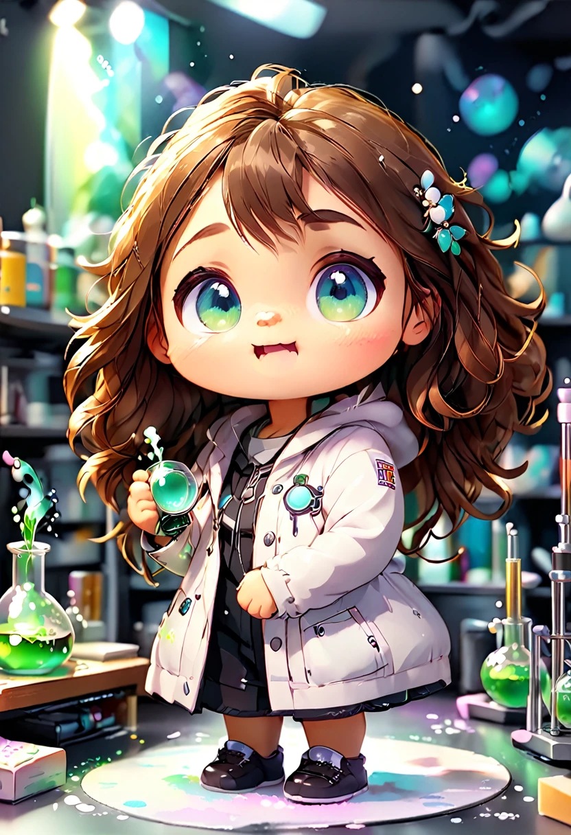 Baby Chibi MASCOT, atoms, Molecules , disgustingly fun, character features , Blind box style and model with popular market style, The sunlight shines, , hyper qualit, sharp features, Resolução ultra HD e 8K,Cool Hand Drawn Illustration，fly away (Inside Out Disgusting), Create a series of best quality cute chibi dolls,ultra detali,realisitic,Science Laboratory,Chemical experiment,ultra HD, chemical equipment,scientists working,cups,UHD Bunsen burner ,Microscope,laboratory glassware,measuring cylinders,labcoats,NERD ROUND Glasses ,science books,Periodic table,scientific research,discoveries,new inventions,innovation,apprenticeship,education,Scientific culture wears coat with details of buttons and brooches , her coat is charming and cute with ultra chemical details ,Curiosidade,Technological advancements,swirly vibrant colors,soft lighting,modern laboratory,nerdy atmosphere,laboratory instruments,hypothesis testing,Scientific method,symbolic representation,Critical thinking,experiments ,precision,precision,details Intricate,impressive scientific setup,natural elements,exploration of the mysteries of science,unlocking the secrets of nature. Baby chibi is happy and excited, remember to use chemical laboratory glassware, The chalk board behind the cute chibi baby is written the structure of caffeine in white chalk 18K UHD