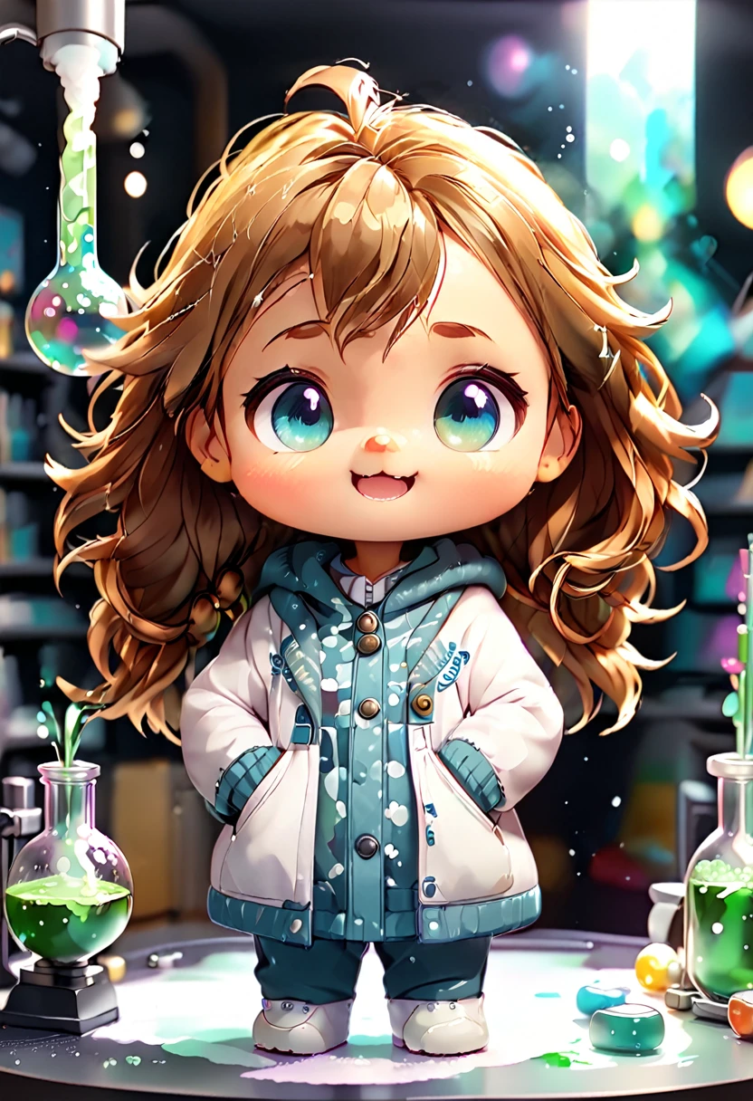 Baby Chibi MASCOT, atoms, Molecules , disgustingly fun, character features , Blind box style and model with popular market style, The sunlight shines, , hyper qualit, sharp features, Resolução ultra HD e 8K,Cool Hand Drawn Illustration，fly away (Inside Out Disgusting), Create a series of best quality cute chibi dolls,ultra detali,realisitic,Science Laboratory,Chemical experiment,ultra HD, chemical equipment,scientists working,cups,UHD Bunsen burner ,Microscope,laboratory glassware,measuring cylinders,labcoats,NERD ROUND Glasses ,science books,Periodic table,scientific research,discoveries,new inventions,innovation,apprenticeship,education,Scientific culture wears coat with details of buttons and brooches , her coat is charming and cute with ultra chemical details ,Curiosidade,Technological advancements,swirly vibrant colors,soft lighting,modern laboratory,nerdy atmosphere,laboratory instruments,hypothesis testing,Scientific method,symbolic representation,Critical thinking,experiments ,precision,precision,details Intricate,impressive scientific setup,natural elements,exploration of the mysteries of science,unlocking the secrets of nature. Baby chibi is happy and excited, remember to use chemical laboratory glassware, The chalk board behind the cute chibi baby is written the structure of caffeine in white chalk 18K UHD