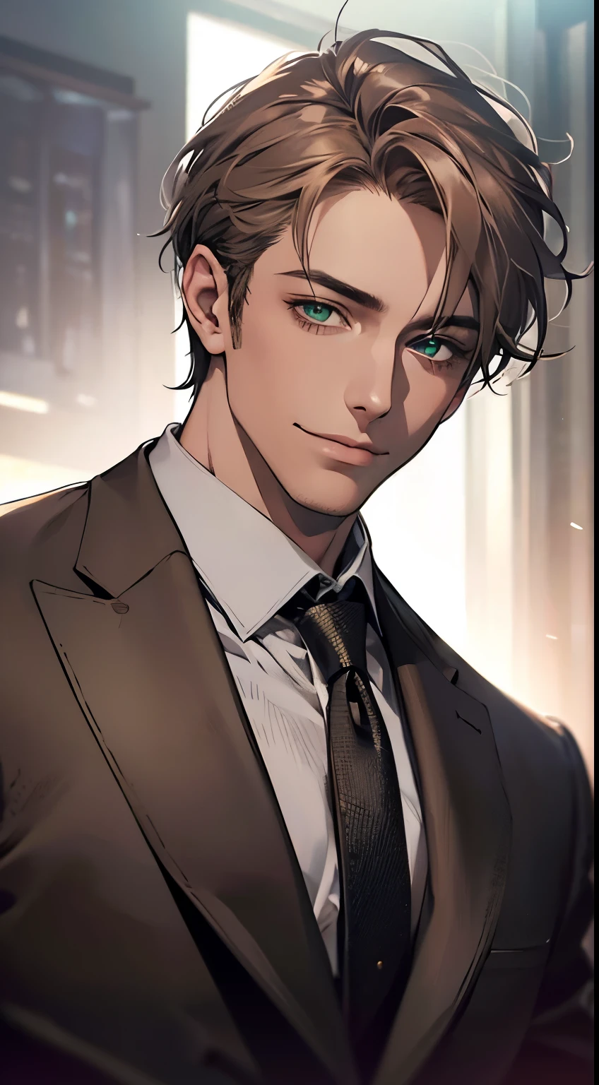 (Highest quality,4K,8K,High resolution,masterpiece:1.2),Super detailed,(Realistic,photoRealistic,photo-Realistic:1.37),1 person,34 years old,Mature Men,Beautiful skin、very handsome,Expressionless smile in love,Short gray brown hair,green eyes,Sharp Eyes,A perfect face without a doubt,Businessman, CEO, Office Background,Cinema Lighting,HDR image,tie、