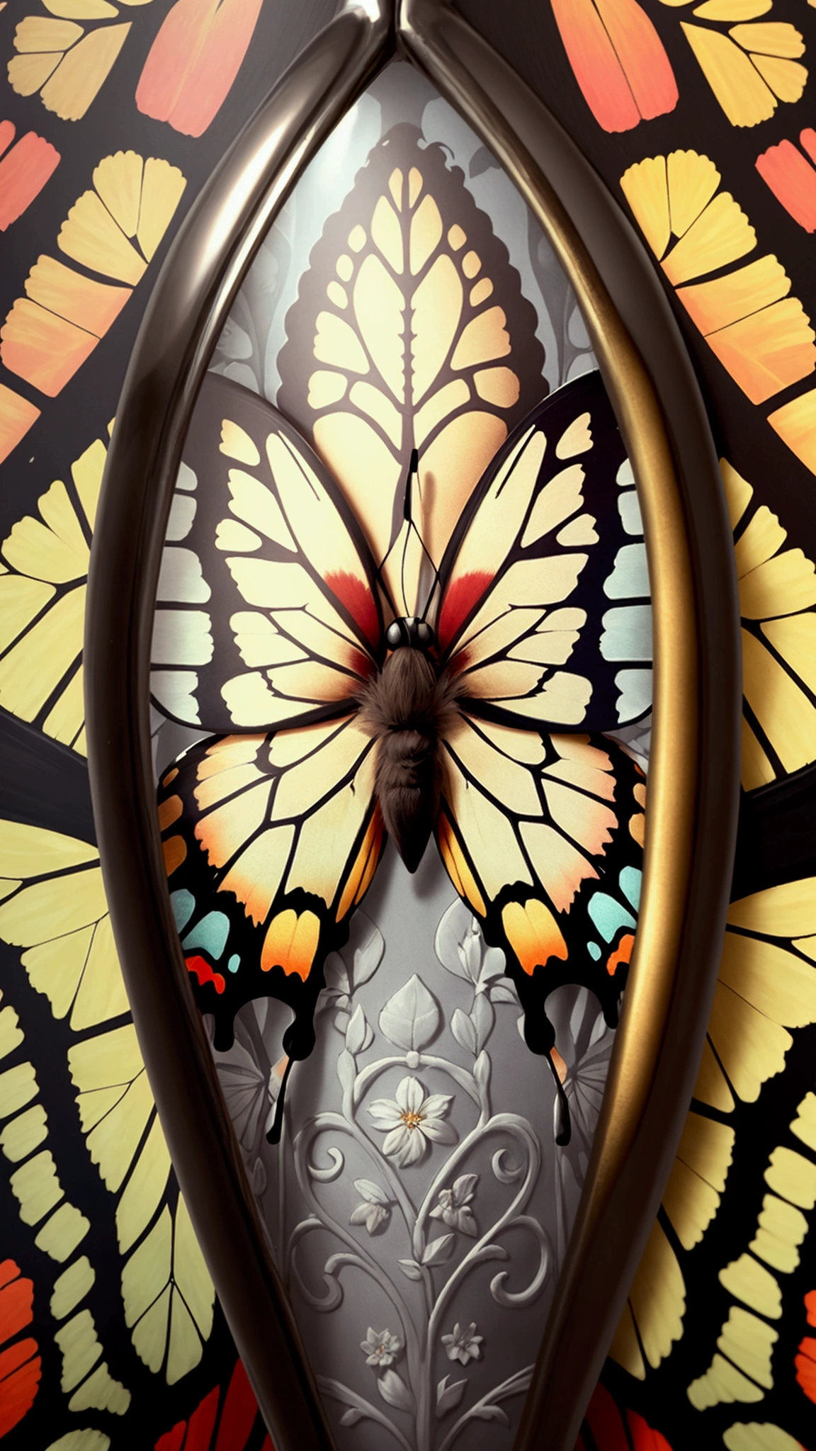 A magnifying glass highlighting the detailed patterns of a butterfly’s wings as it rests on a colorful blossom.