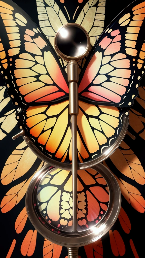 A magnifying glass highlighting the detailed patterns of a butterfly’s wings as it rests on a colorful blossom.