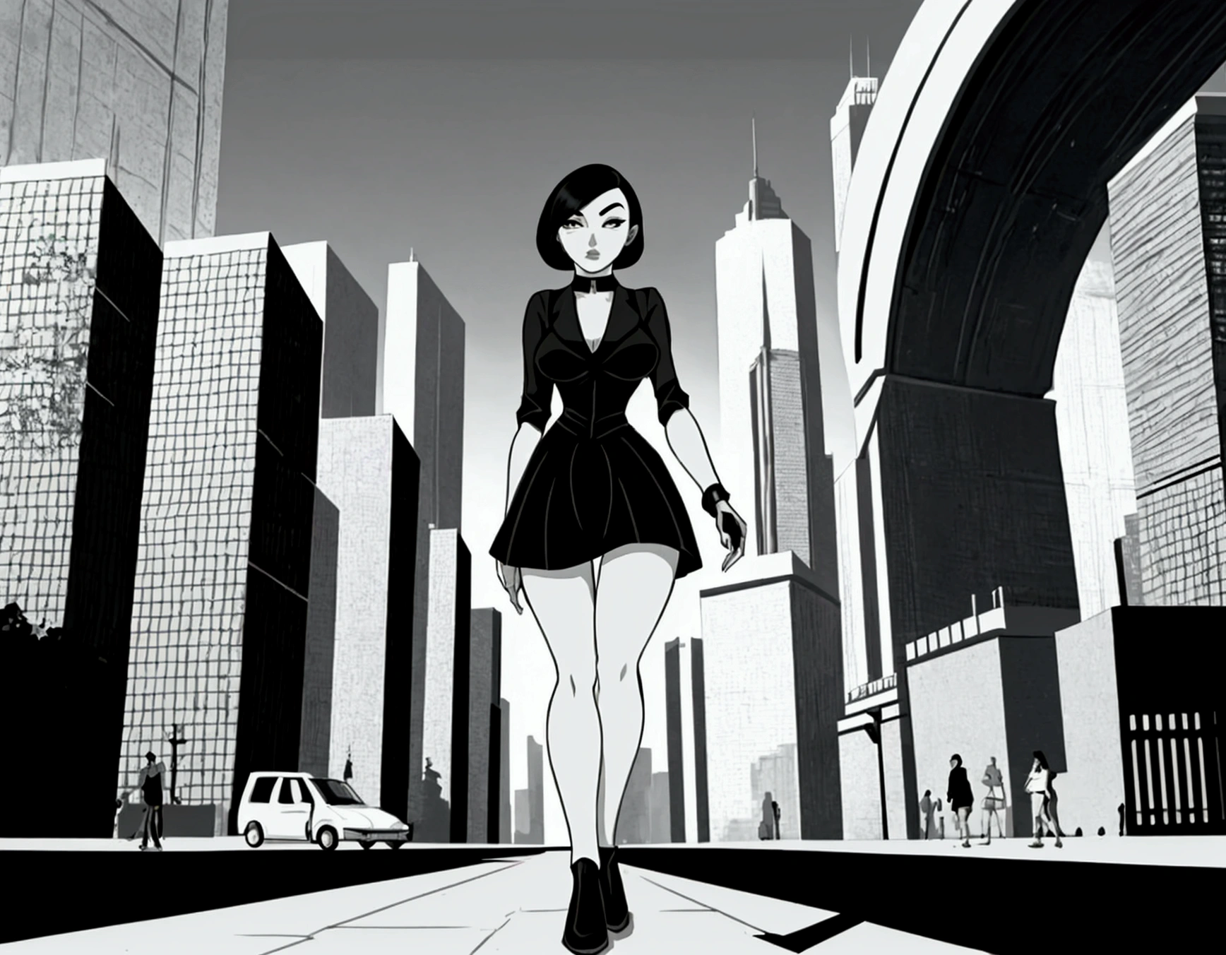 (full body view) girl with dark hair and defined face, wearing a very short miniskirt,walking in a futuristic atompunk style park,in the middle of a futuristic city, outdoor scene with huge buildings googie art,(masterpiece,detailed) (high contrast)