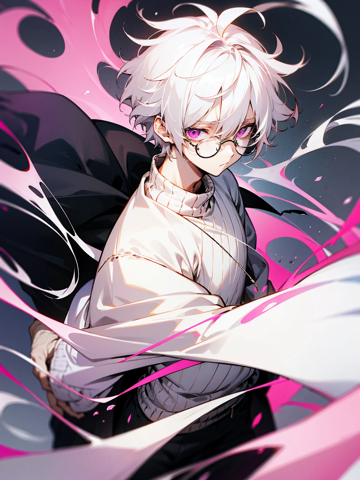 1male, white hair, messy hair, short hair, pink eyes, long sleeve sweater, circular glasses, lazy expression