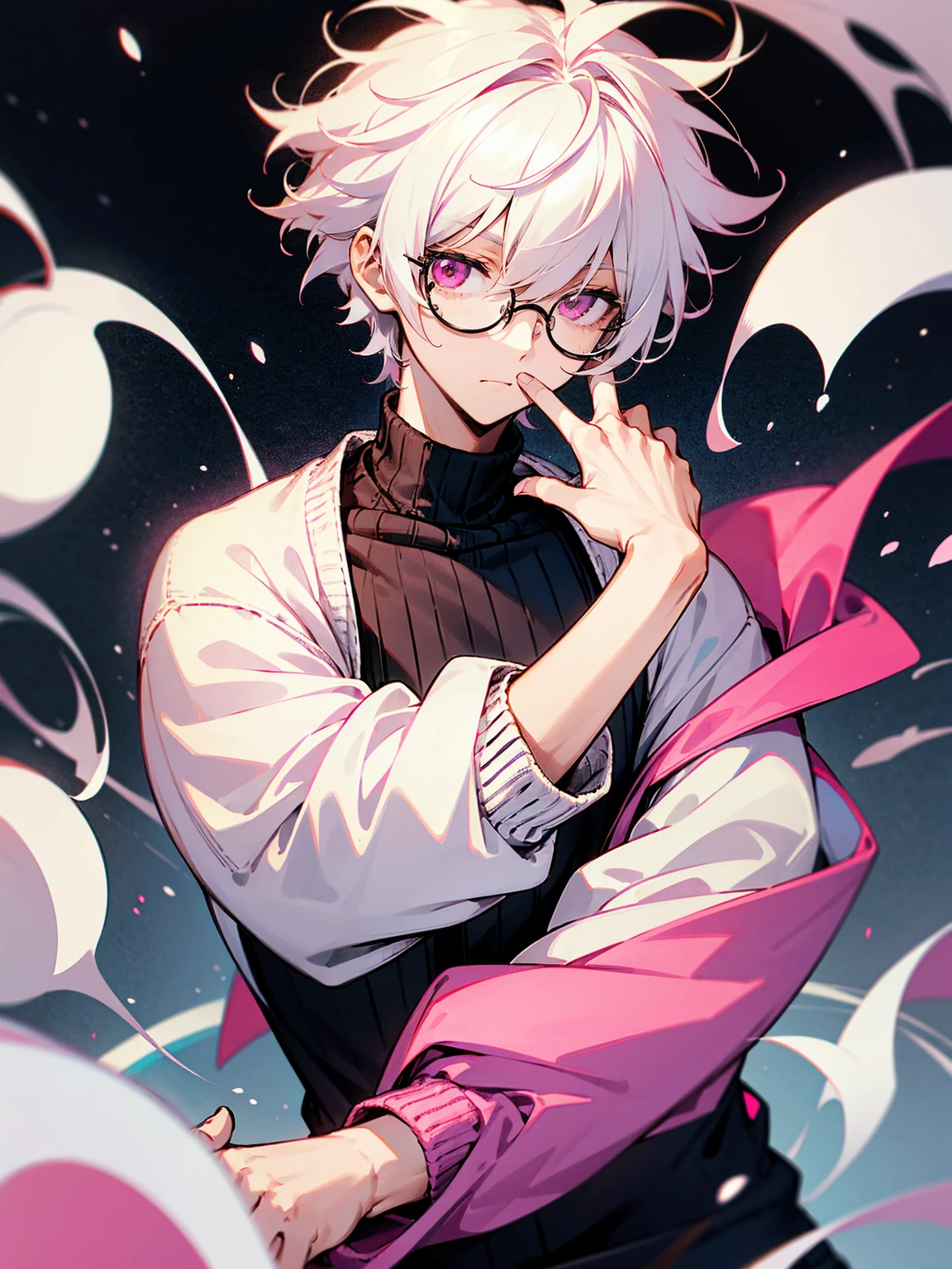 1male, white hair, messy hair, short hair, pink eyes, long sleeve sweater, circular glasses, lazy expression