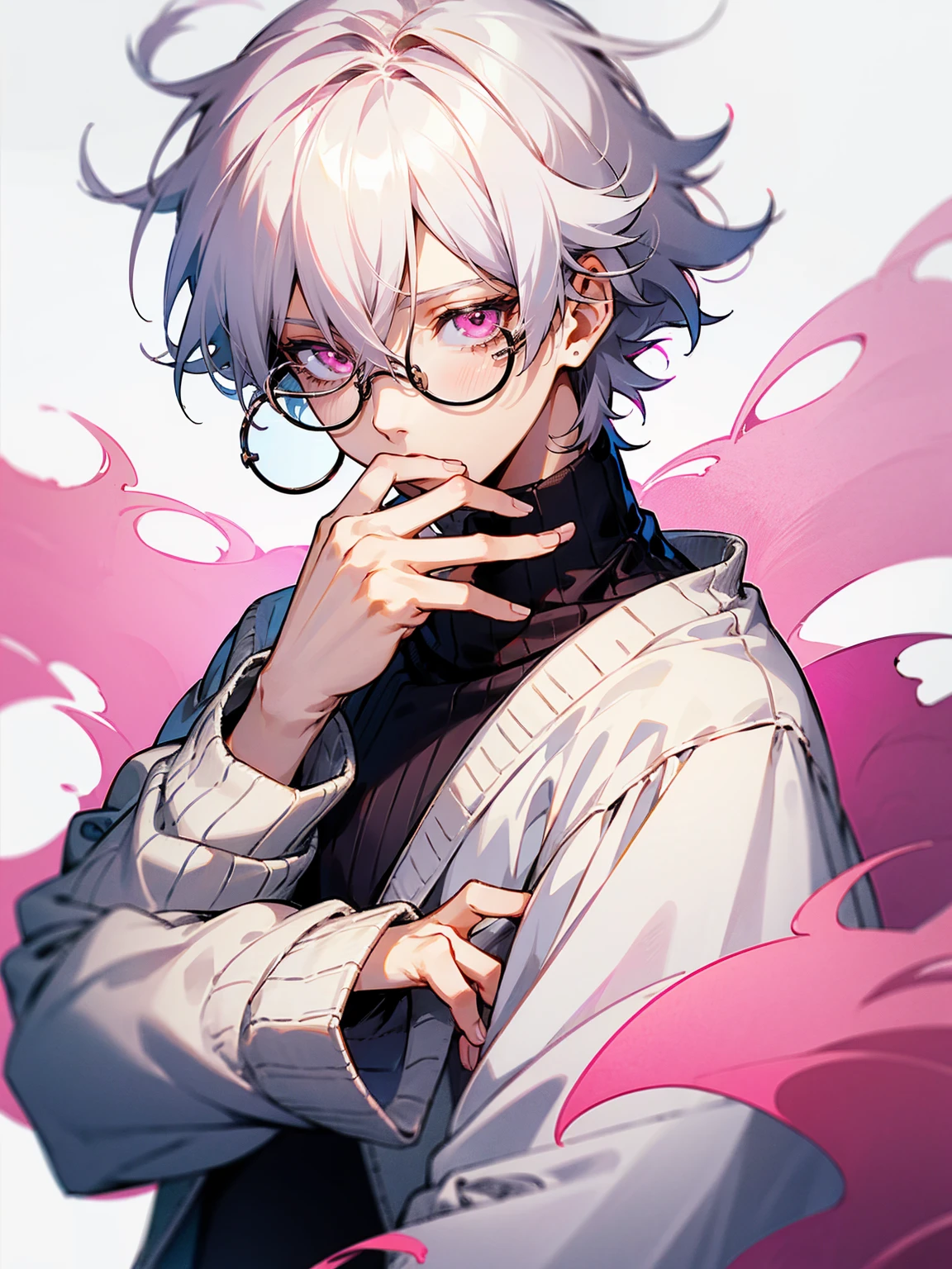 1male, white hair, messy hair, short hair, pink eyes, long sleeve sweater, circular glasses, lazy expression