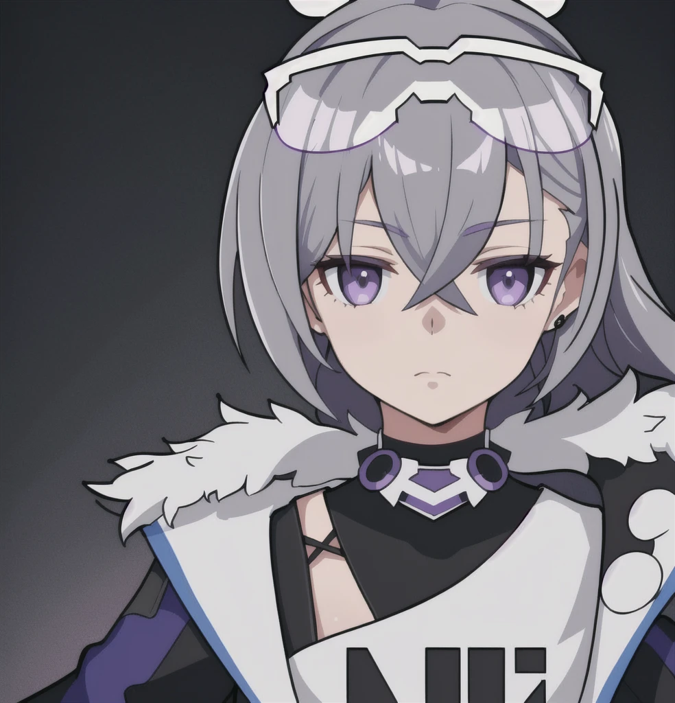 anime girl, grey hair, black eyes, purple clothes, silver wolf, white shirt, 1girl, masterpiece, raised eyebrow, sarcastic expression (beautiful and aesthetic:1. 5), thick black lineart, clean lineart, perfect lineart, variable lineart, clean anime outlines, intense line art, bold lineart, sharp lineart, best quality, high quality, best quality, ultra-detailed, colourful, saturated colours, dynamic lighting, HD,