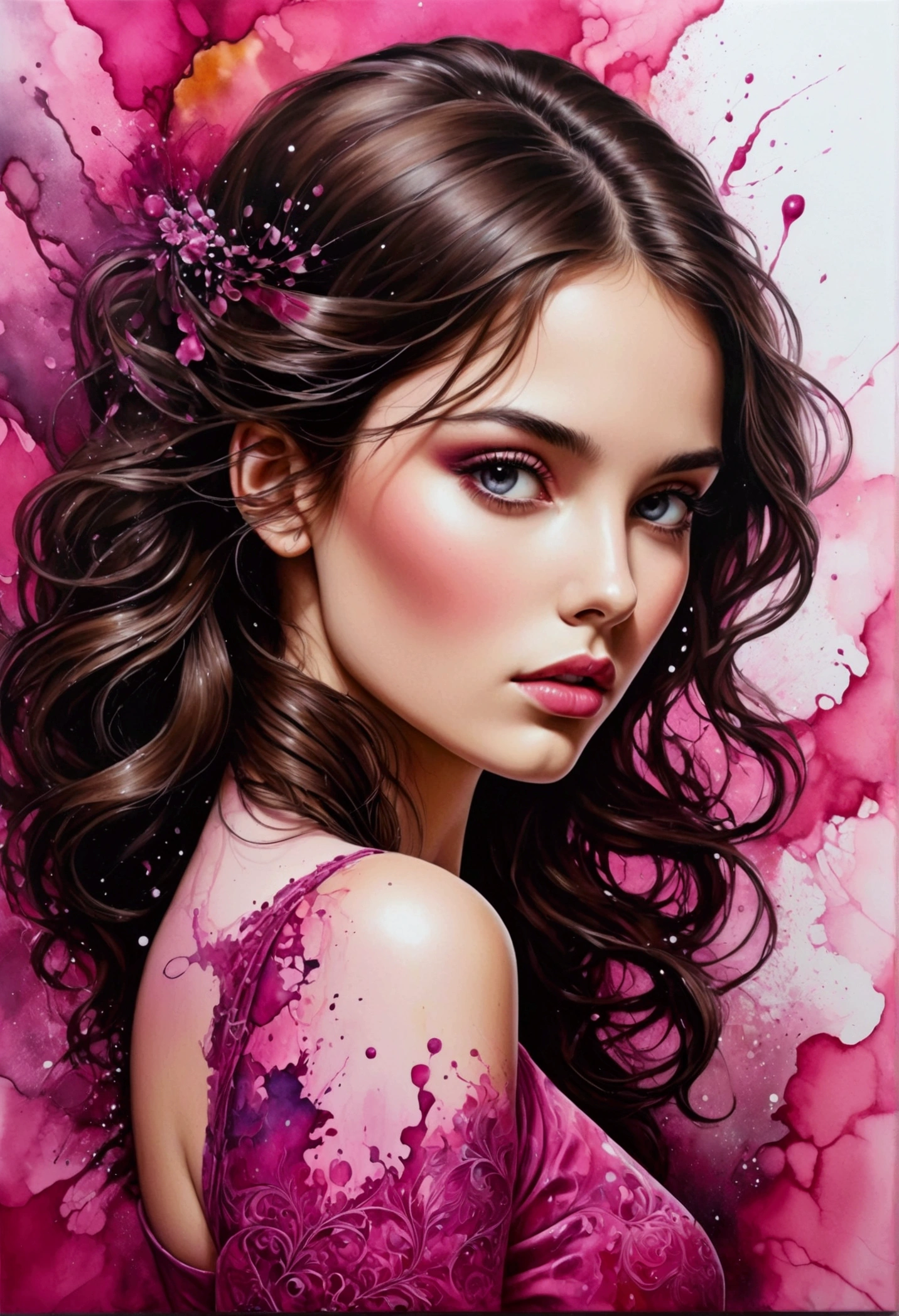 The most beautiful, enigmatic and sensual young brunette in the world. Alcohol ink splatter art, hues de pink, alcohol ink splatter art Super Realism with Super Details in 8K, Divine Proportions, Intricate and Cinematic with Stunning Atmosphere with High Details, Fantastic Realism and Sharp Focus, Mysterious Filigree Elements , Bright Accents, Perfect Composition on Complex Backgrounds, Super Clarity, 3D, Atmospheric, an ultra-subtle and breathtaking surreal masterpiece.
