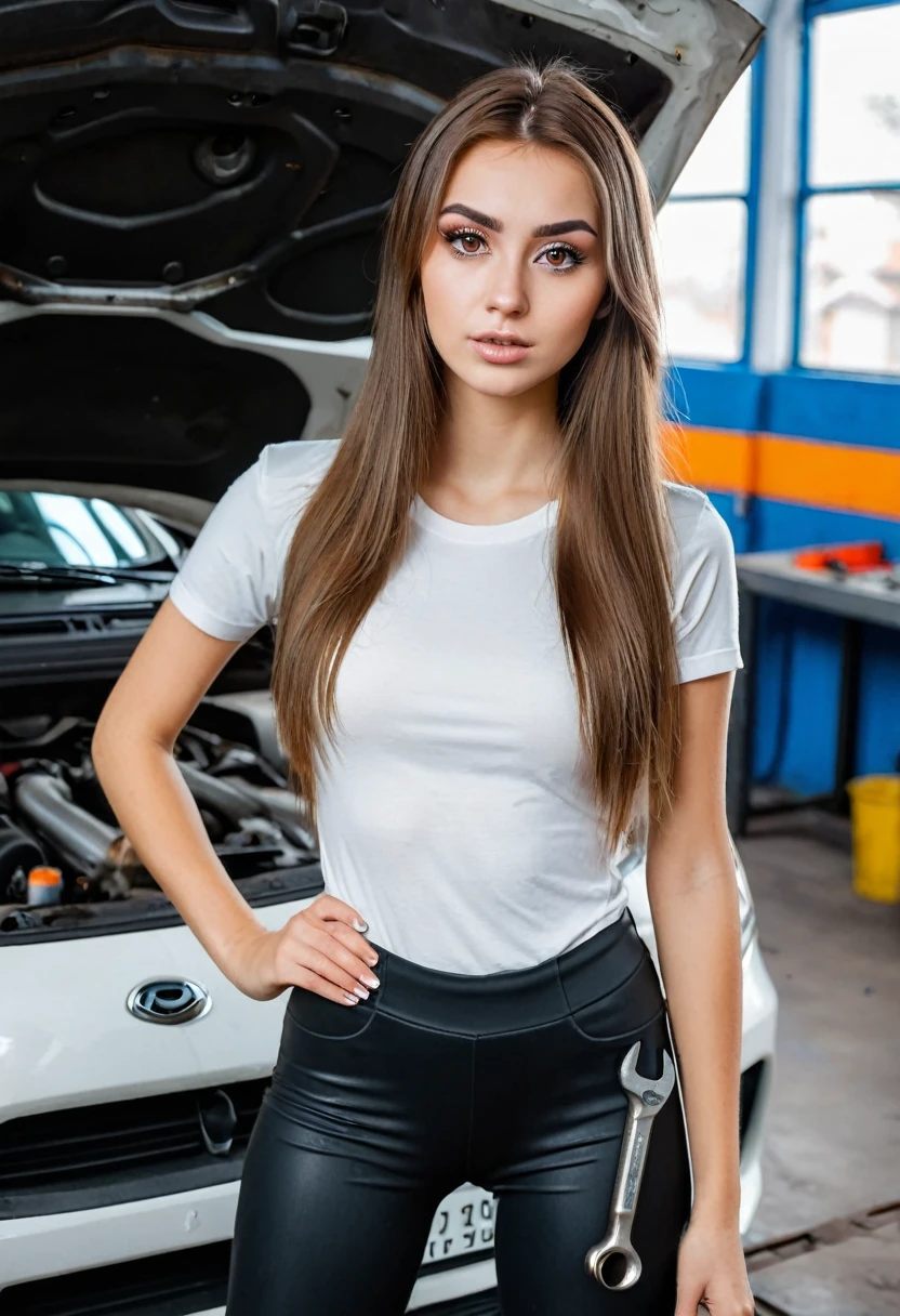 Russian girl with brown hair and big brown eyes, long straight hair, wearing tight leggings in a black, and white very short T-shirt, standing in the car repair shop and holding a wrench 