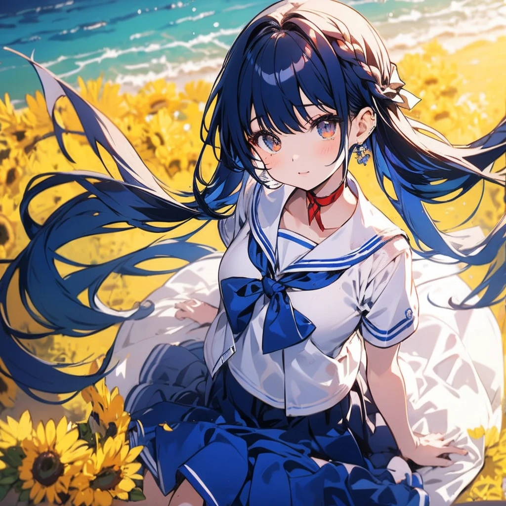 masutepiece++, Best Quality++, ultra-definition++, ultra-definition++, rey tracing, 4K or more++, 8K or more++, Slight details, (Background Focus )++,Young woman with golden laurel wreath, (((Ultramarine hair))), (((White dip dyed hair))), (((red streaked hair))),sailor,Sailor collar,White shirt, skirt by the,anchor,