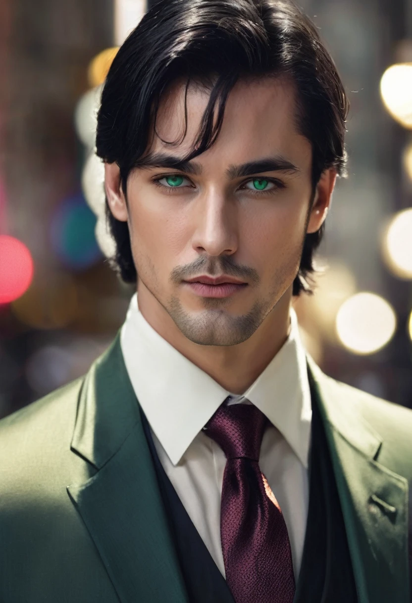 30 years old man. slightly long black hair, a little bangs falling on the forehead, bluish green eyes with golden dots, thin oval shaped face, thin, slightly red lips, serious and taciturn expression, wearing an entirely black suit, burgundy tie, Vampire appearance, he is the Ceo, virility, European man, BUSINESSMAN, sensual sexy man, Very beauthful, face without mustache or beard, it needs to be perfect and wonderful, very white skin. He's an erotic book character. masculinity