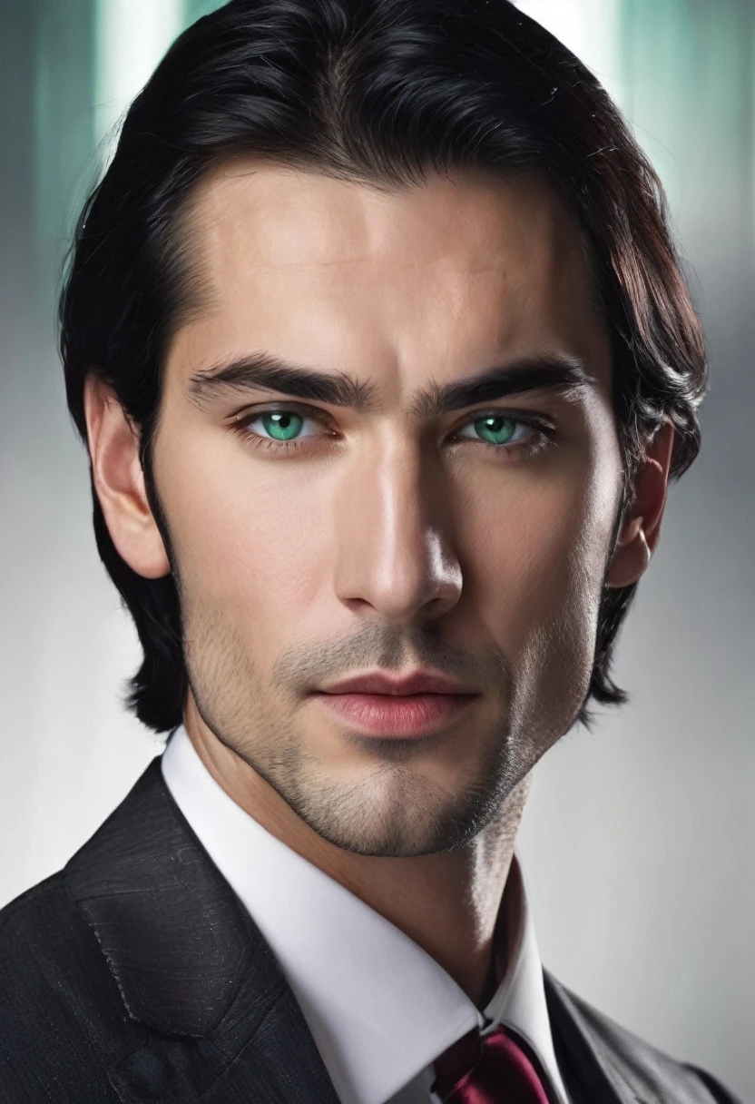 30 years old man. slightly long black hair, a little bangs falling on the forehead, bluish green eyes with golden dots, thin oval shaped face, thin, slightly red lips, serious and taciturn expression, wearing an entirely black suit, burgundy tie, Vampire appearance, he is the Ceo, virility, European man, BUSINESSMAN, sensual sexy man, Very beauthful, face without mustache or beard, it needs to be perfect and wonderful, very white skin. He&#39;s an erotic book character. masculinity