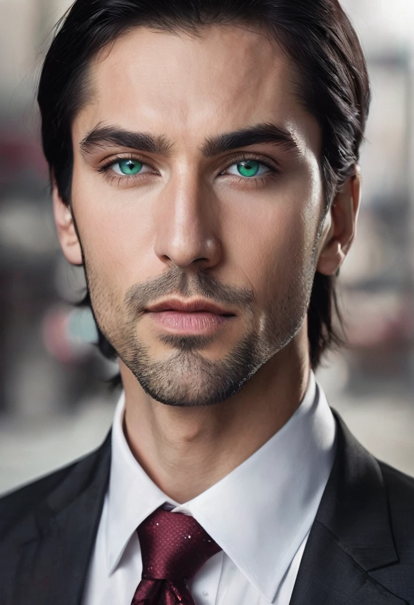 30 years old man. slightly long black hair, a little bangs falling on the forehead, bluish green eyes with golden dots, thin oval shaped face, thin, slightly red lips, serious and taciturn expression, wearing an entirely black suit, burgundy tie, Vampire appearance, he is the Ceo, virility, European man, BUSINESSMAN, sensual sexy man, Very beauthful, face without mustache or beard, it needs to be perfect and wonderful, very white skin. He's an erotic book character. masculinity