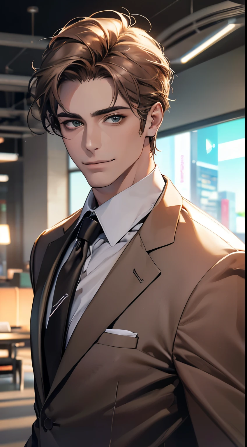 (Highest quality,4K,8K,High resolution,masterpiece:1.2),Super detailed,(Realistic,photoRealistic,photo-Realistic:1.37),1 person,34 years old,Mature Men,Beautiful skin、very handsome,Expressionless smile in love,Short gray brown hair,green eyes,Sharp Eyes,A perfect face without a doubt,Businessman, CEO, Office Background,Cinema Lighting,HDR image,tie、