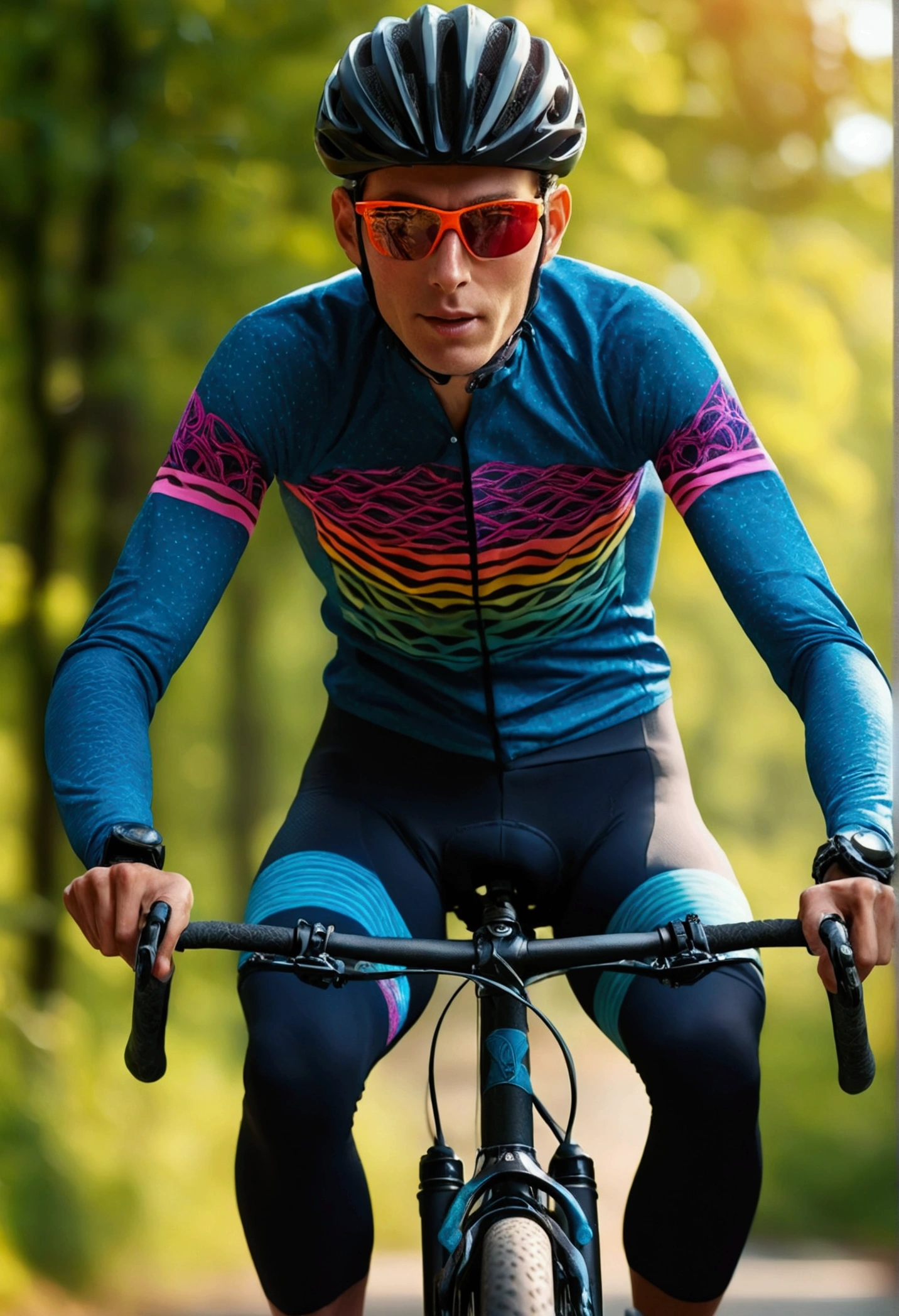 a slim, beautiful cyclist riding a full-suspension bicycle, detailed facial features, intricate clothing, dynamic pose, vibrant colors, cinematic lighting, photorealistic, 8k, best quality, masterpiece