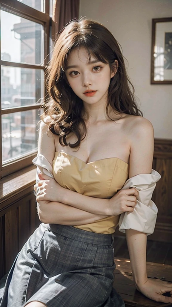 detailed background, masterpiece, best quality, 1 person , curly hair, long hair, purple eyes, star in eye , yellow Strapless blouse, long skirt