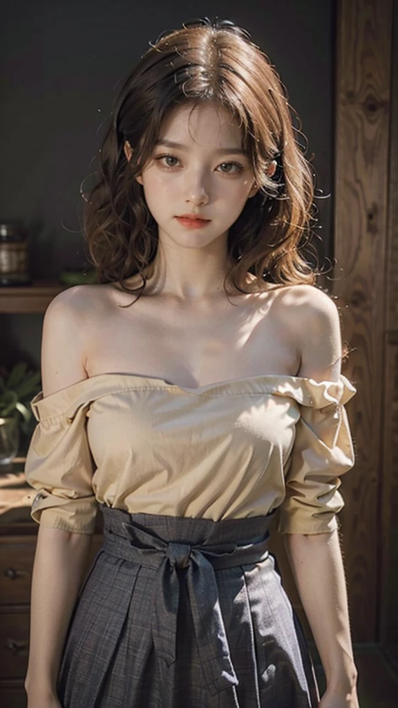 detailed background, masterpiece, best quality, 1 person , curly hair, long hair, purple eyes, star in eye , yellow Strapless blouse, long  skirt