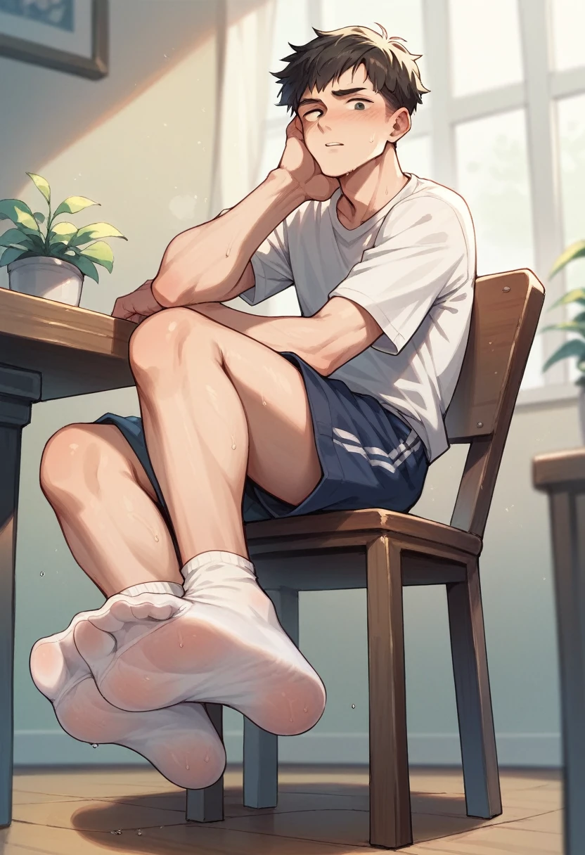 Boy feet scrunching his sweaty soles in white socks sitting on chair