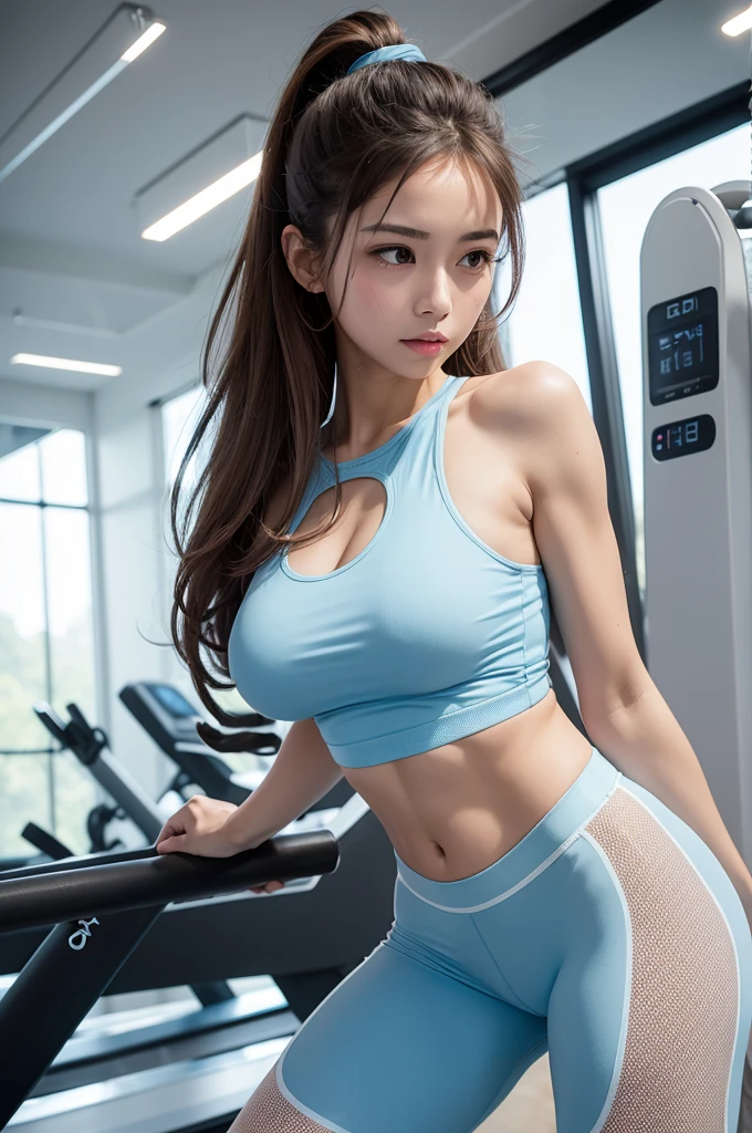 Woman at the gym in light blue gym clothes and thin mesh clothing, marking the grasped genitalia clearly visible sinuous woman medium breasts light brown eyes long hair