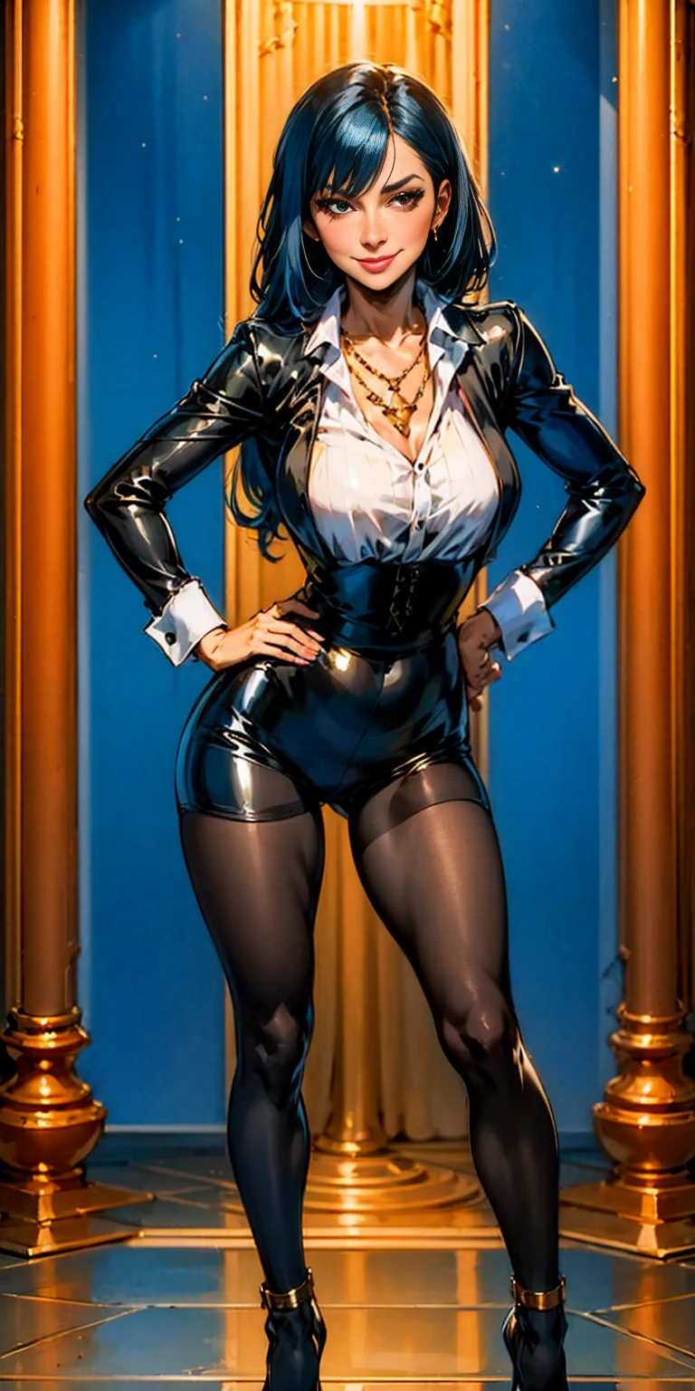 1single Milf full body standing straight symmetrical, looking at the viewer, hands on the hips, Twin drills, striped pantyhose, golden handcuffs on hands with a black leather collar around the golden heart necklace, hands on the hips, lustful smiling satisfied face red blushing