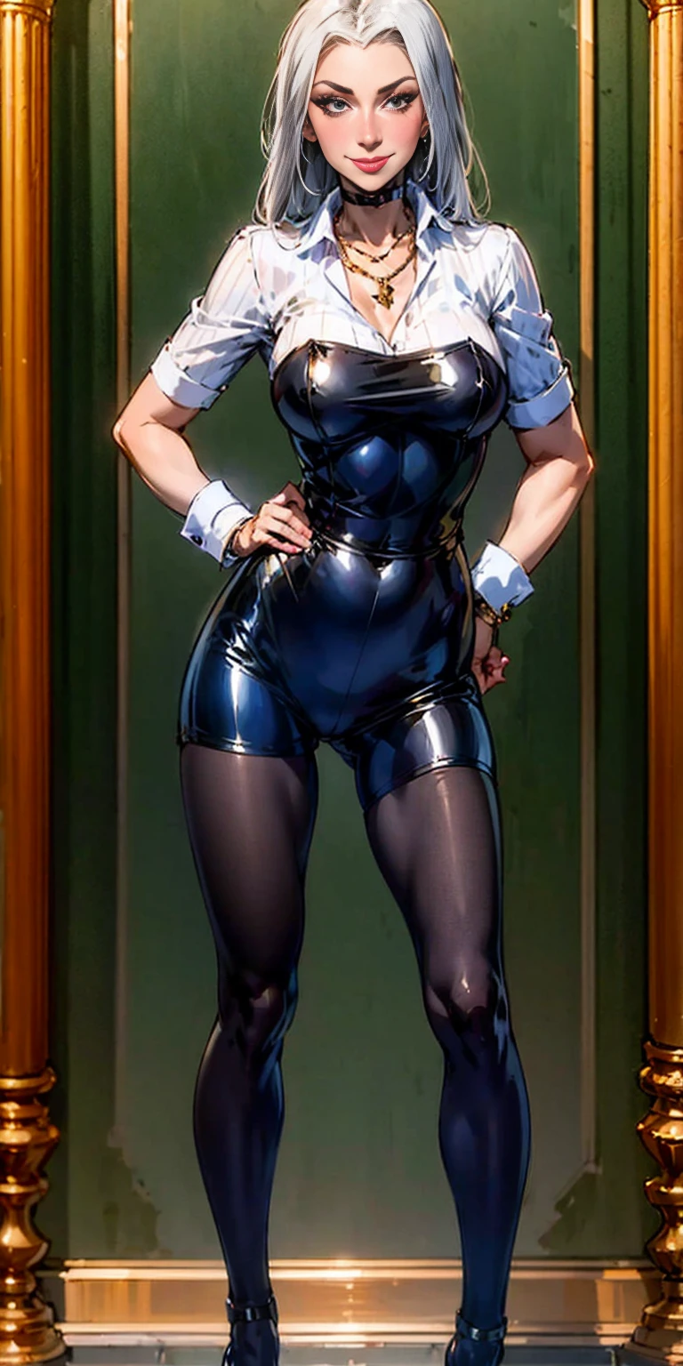 1single Milf full body standing straight symmetrical, looking at the viewer, hands on the hips, Twin drills, striped pantyhose, golden handcuffs on hands with a black leather collar around the golden heart necklace, hands on the hips, lustful smiling satisfied face red blushing