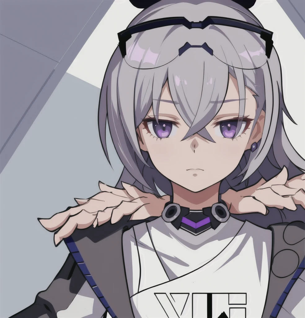 anime girl, grey hair, black eyes, purple clothes, silver wolf, white shirt, 1girl, masterpiece, raised eyebrow, sarcastic expression (beautiful and aesthetic:1. 5), thick black lineart, clean lineart, perfect lineart, variable lineart, clean anime outlines, intense line art, bold lineart, sharp lineart, best quality, high quality, best quality, ultra-detailed, colourful, saturated colours, dynamic lighting, HD,