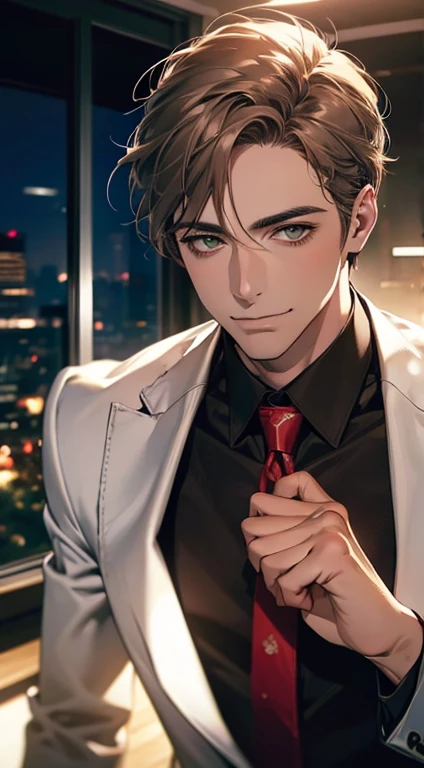 (Highest quality,4K,8K,High resolution,masterpiece:1.2),Super detailed,(Realistic,photoRealistic,photo-Realistic:1.37),1 person,34 years old,Mature Men,Beautiful skin、very handsome,Expressionless smile in love,Short gray brown hair,green eyes,Sharp Eyes,A perfect face without a doubt,Businessman, CEO, Office Background,Cinema Lighting,HDR image,tie、