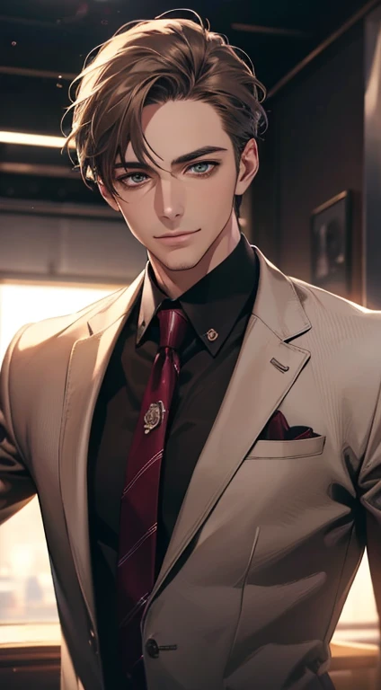 (Highest quality,4K,8K,High resolution,masterpiece:1.2),Super detailed,(Realistic,photoRealistic,photo-Realistic:1.37),1 person,34 years old,Mature Men,Beautiful skin、very handsome,Expressionless smile in love,Short gray brown hair,green eyes,Sharp Eyes,A perfect face without a doubt,Businessman, CEO, Office Background,Cinema Lighting,HDR image,tie、